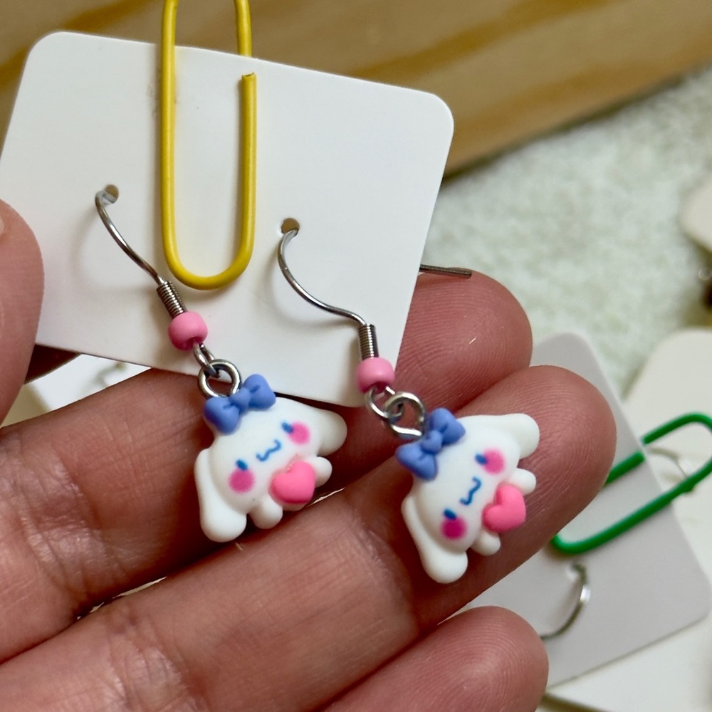 Cute White Character Heart Earrings with Blue Bows